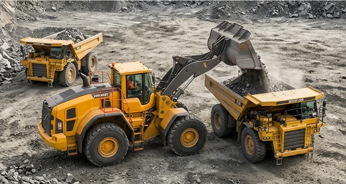 Wheel loader filling haul trucks with crushed aggregate